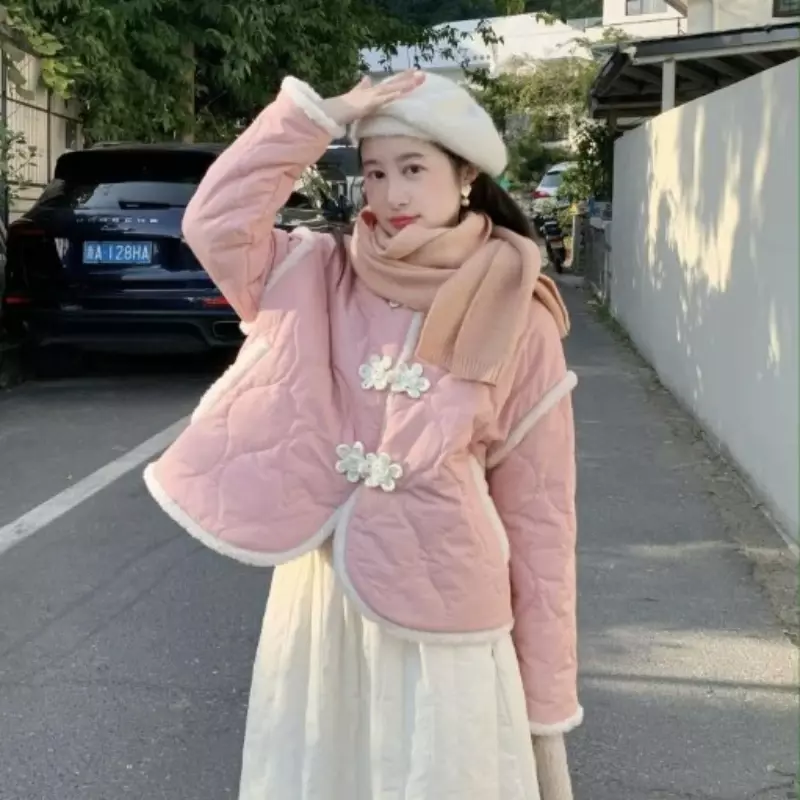 Gaya Cina wanita musim dingin parka longgar Pink manis antik berlapis rekreasi berbulu anak perempuan lembut menebal kancing desain mantel wanita