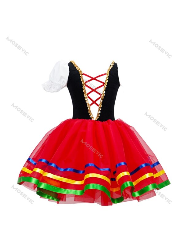 Girls Ballet Dress Red Spanish Skirt Ballerina Dance Costume Kids Women Professional Long Stage Performance Elegant Clothing