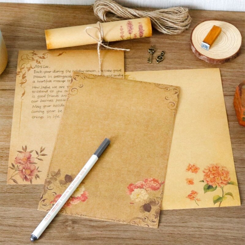 8 buah kertas tulis Kraft 8 pola Vintage kertas alat tulis menulis bunga kertas surat coklat sisi ganda