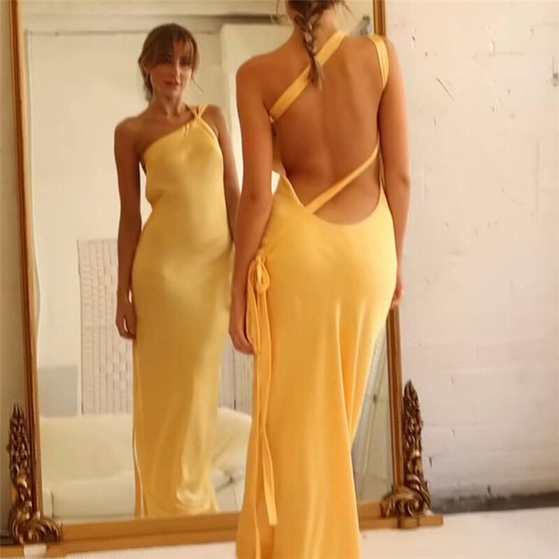 Vestido largo de satén amarillo con espalda descubierta y cordones para mujer, maxivestido elegante sin hombros para boda, fiesta y Club, 2024