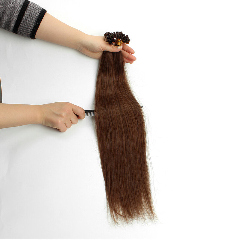 Lovevol-Extensions de Cheveux Humains Remy Lisses, Pointe en V, Pointe d'Ongle KtHair, Capsules KerBrian Pré-Collées, Brun, 12 "-26"