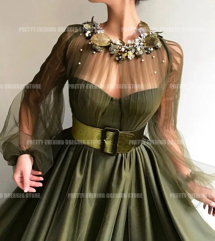 Vintage Elegant Floral Evening Dresses A Line Woman's Illusion Sexy Long Sleeve 3D Flowers Formal Party Prom Gowns شارون سعيد