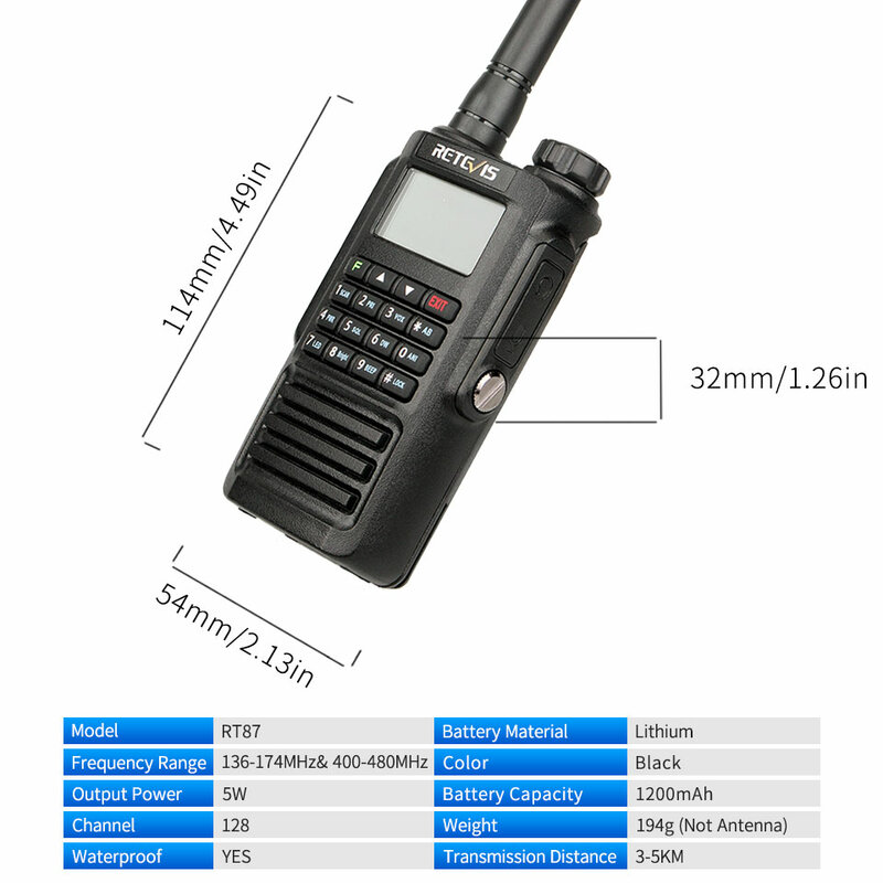 RETEVIS RT87 لاسلكي تخاطب مقاوم للماء IP67 هام راديو Amador اتجاهين راديو 5 واط VHF UHF ثنائي النطاق التناظرية مفيد Ht الصيد الادسنس