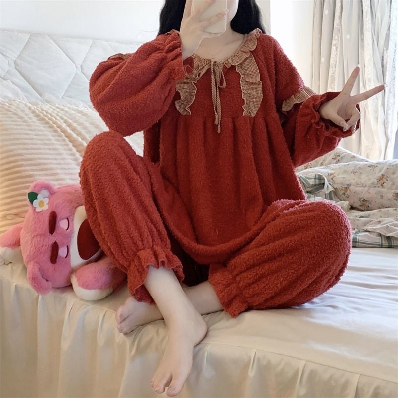 Lovely Coral Velvet Pajama Lady Autumn Winter with Velvet Princess Wind Home Can Be Worn Outside Two-piece Long Sleeve traf