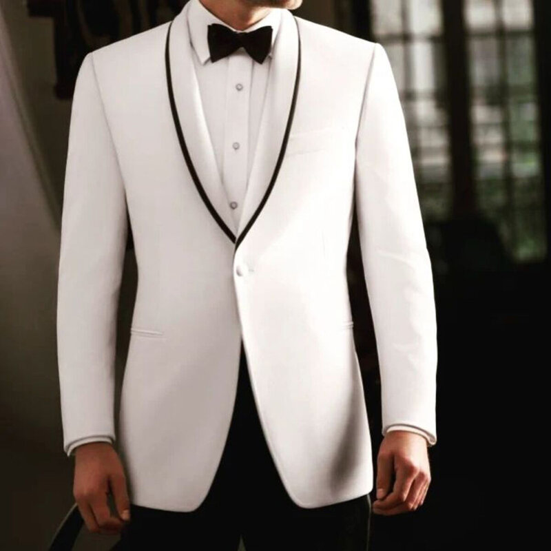 Terno de botão único masculino com lapela xale, blazer branco, calça preta, noivo de casamento luxuoso de duas peças, conjunto completo, roupa masculina justa, elegante