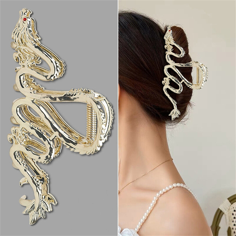 Aksesori rambut Tahun naga Cina klip rambut untuk wanita anak perempuan manik-manik merah logam berlian imitasi jepit rambut mode perhiasan Tiara baru 2024