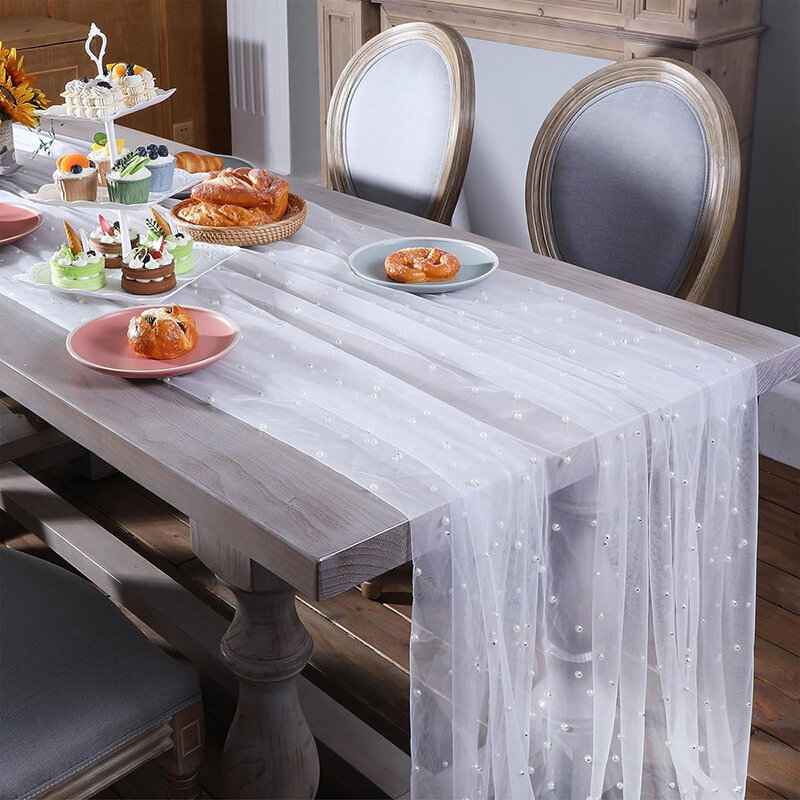 Taplak meja mutiara kain kasa sifon putih dekorasi lengkungan pernikahan romantis pengantin Bayi Shower untuk pesta liburan dekorasi kue ulang tahun