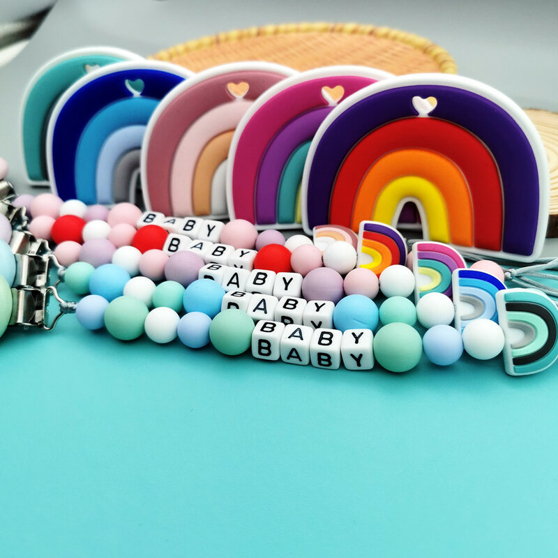 Custom English Russian Letter Name Silicone Rainbow Pacifier Clip Chain Teether Pendant for Baby Chewing Pacifier Kawaii Teether