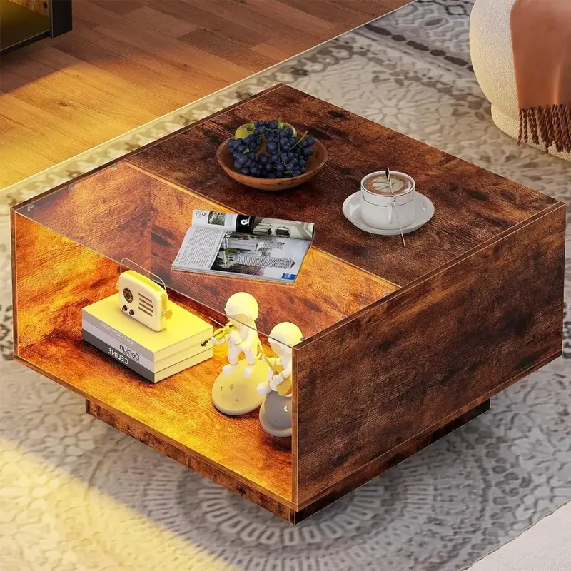 Meja kopi LED, untuk ruang tamu, Meja atas kaca Modern dengan penyimpanan untuk Game malam, meja kopi kayu unik