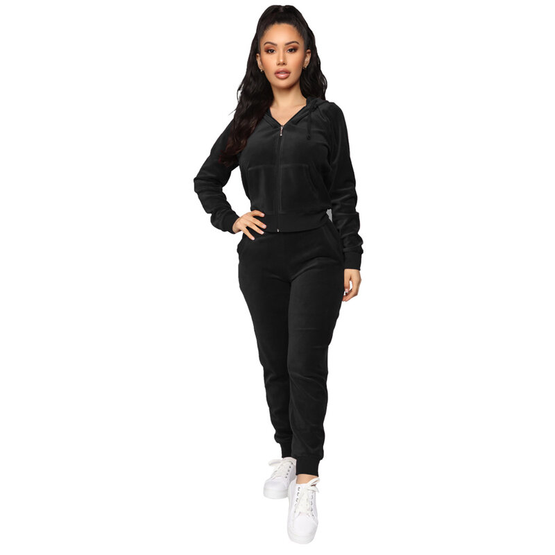 Women's Velvet Hooded Zipper Sweater Elastic Waist Trousers Two-piece Set Fashion Personality Trend Clothing Two-piece Slim Suit