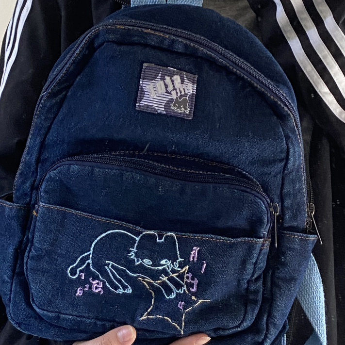 Mochila japonesa Simple Kawaii Cat, bolso de mezclilla, bolsos de hombro de gran capacidad, mochila escolar para estudiantes, mochila Linda para mujeres