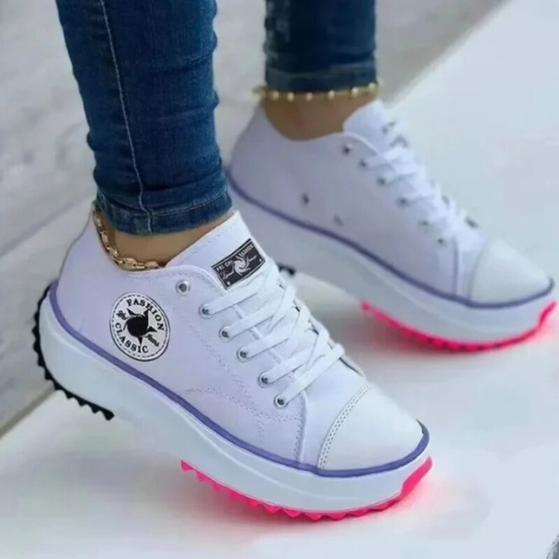 Zapatos informales de lona para mujer, zapatillas de tenis con plataforma de marca, transpirables, con cordones, color blanco, Plus 43