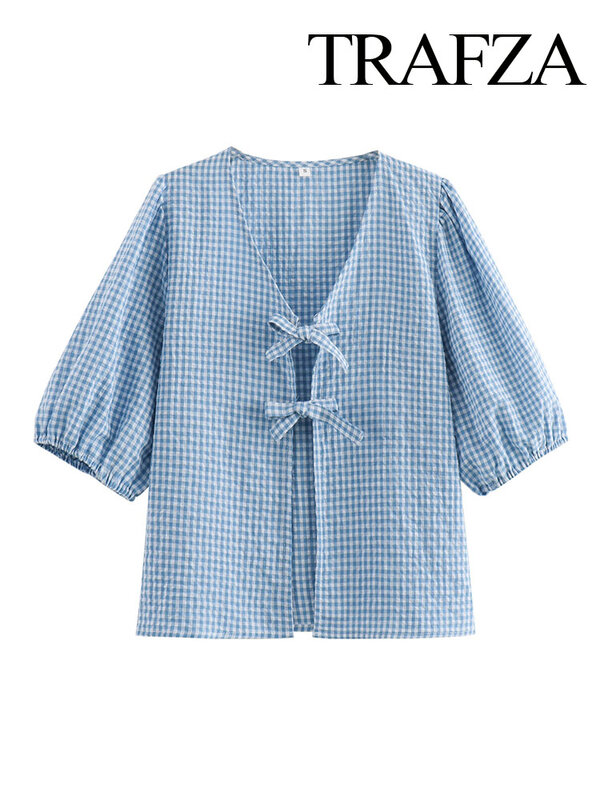 TRAFZA donna estate stampa scozzese maniche corte scollo a V camicetta Top donna moda fiocco Lace Up Hollow Vintage Slim Shirt Streetwear