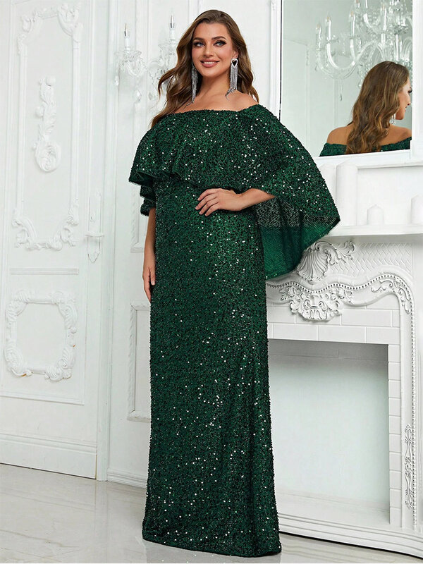 S-7xl Off-Shoulder Fishtail Beaded Sparkling Prom Evening Dress Plus Size Luxury Wedding Banquet Maxi Sparkling Dress for Women