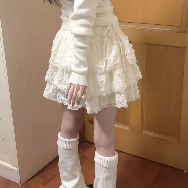 Deeptown Kawaii marszczona Mini spódniczka urocza koronka japoński patchworkowy tort spódnica damska cutrecore Lolita krótkie spódniczki estetyka moda