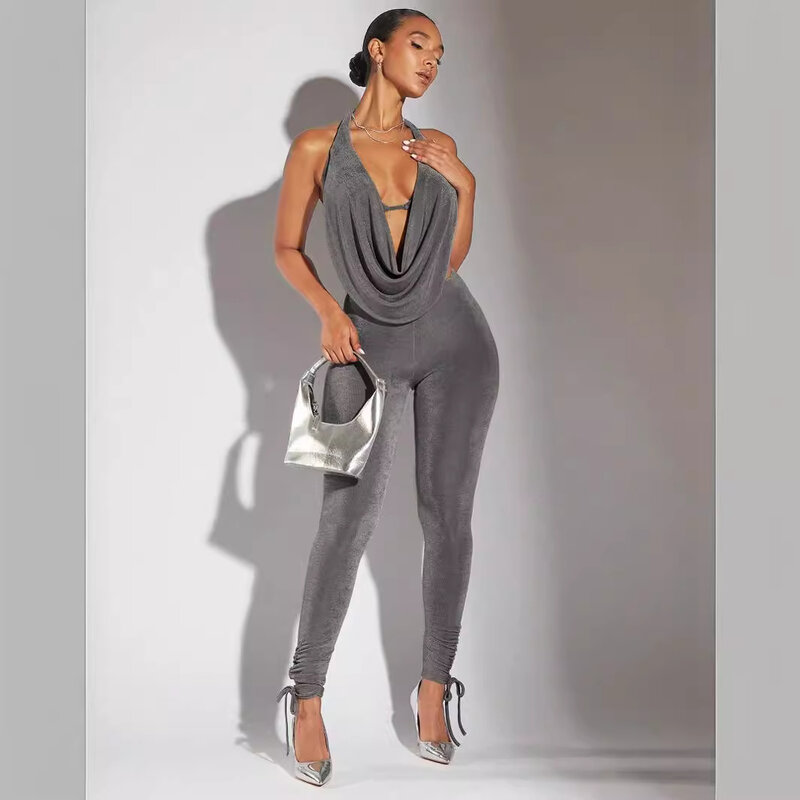 Halter Draped Front Backless Two Piece Set Women Sexy Crop Top And Leggings Suits Sleeveless Slim Vestido 2024 Clubwear