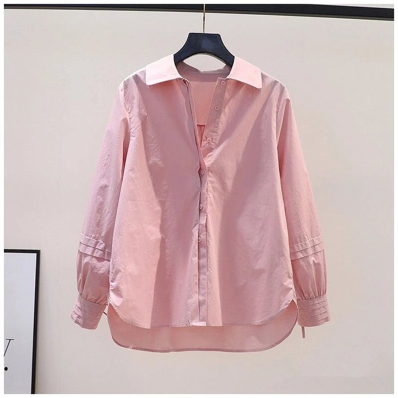 Koreanisches Design plissierte Schnürung Langarm rosa Baumwoll hemd Frauen Frühling Sommer lose feste Bluse schick elegant lässig Dame Top