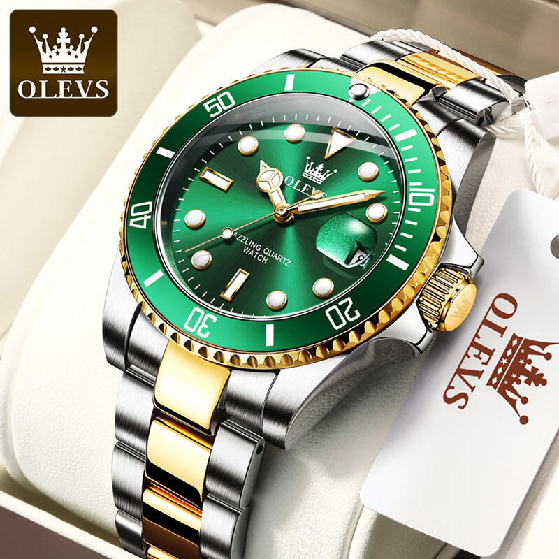 OLEVS Brand New Fashion Green Quartz Watch for Men Stainless Steel Waterproof Luminous Sport Date Wristwatch Relogio Masculino