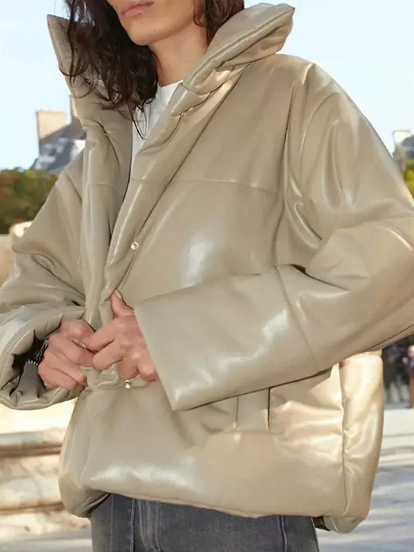 Jaqueta monocromática de couro sintético feminina, casaco quente com bolsos, gola alta, peito único, espessamento, moda, inverno