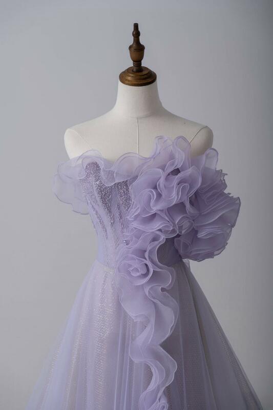 Gaun malam bergaris A gaun pesta panjang Ruffle Tulle berlipat bertingkat bunga 3D tanpa lengan tanpa tali gaya Vestidos ungu