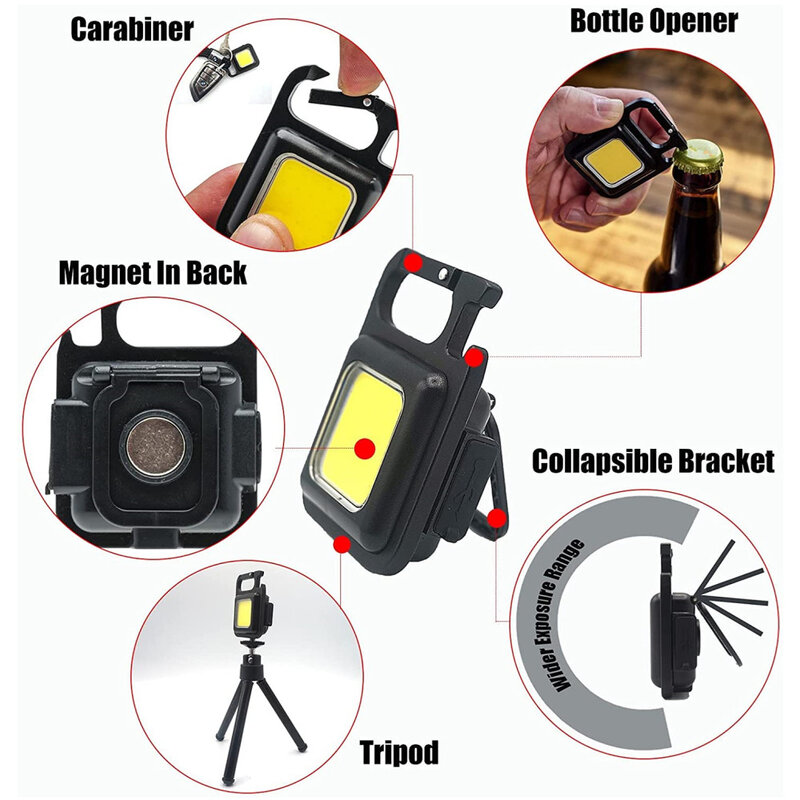 Миниатюрный светодиодный брелок для ключей, портативный карманный рабочий светильник с USB-зарядкой и штопортом, для отдыха на открытом воздухе, походов, рыбалки, скалолазания