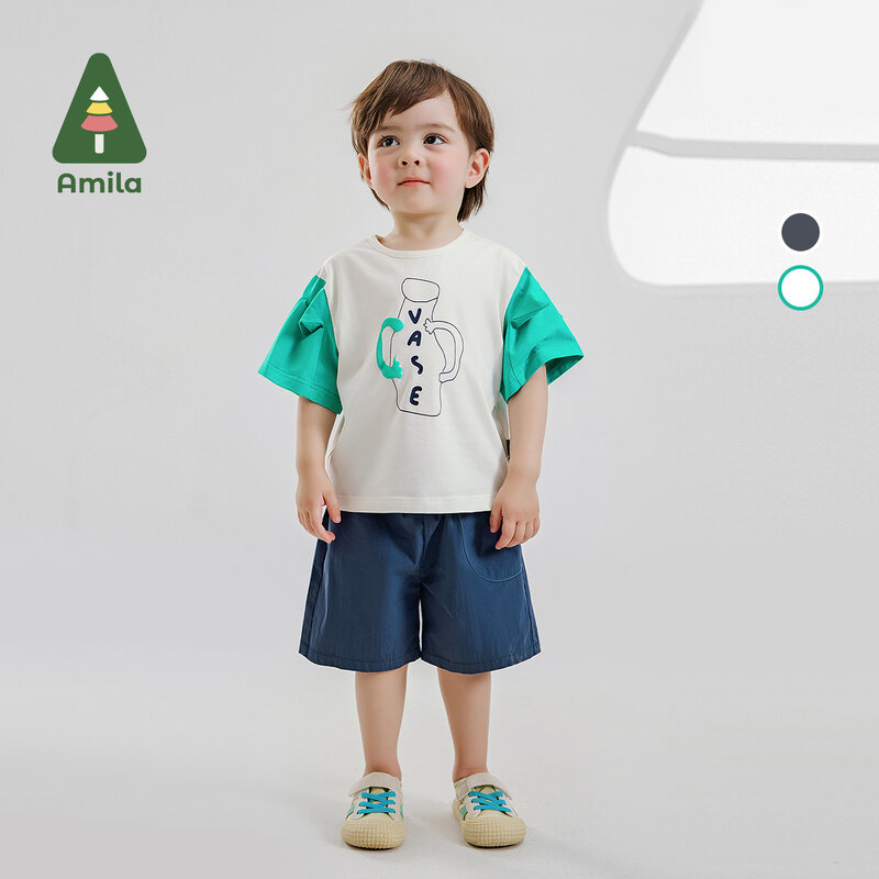 Amila 2024 Летний Новый комплект для мальчиков и девочек хлопковые шорты с принтом и коротким рукавом и лоскутными шортами