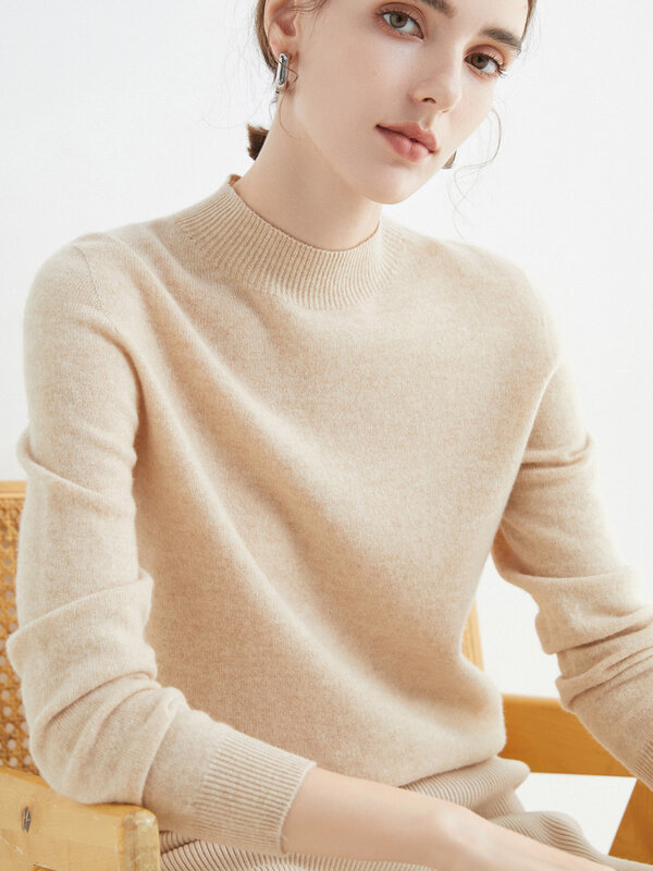 New Autumn Winter 100% Pure Merino Wool Pullover High Quality Sweater Mock-Neck Cashmere Knitwear Women Clothing Basic Top
