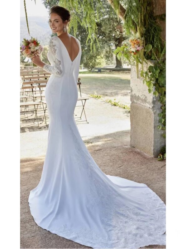 New long sleeved silk fishtail high waist line fold interpretation simple romantic Mosaic lace noble party wedding dress