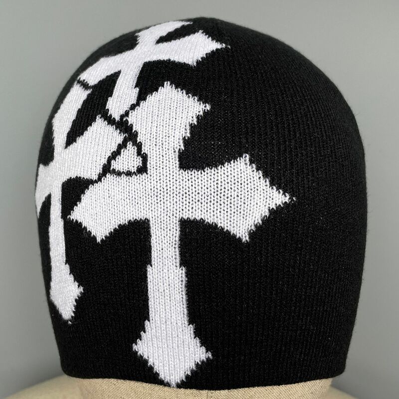 The Y2K Cross Pattern Hat Fashion Knit Hat Gothic Three Cross Beanie Hat Outdoor Soft Sport Hat Winter Warm Hat Pullover Cap