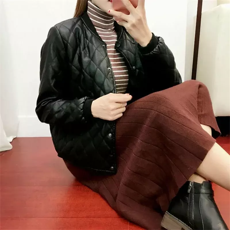 여성용 두꺼운 PU 코튼 재킷, 여성용 슬림 로코모티브 오토바이 짧은 재킷, 가짜 가죽 재킷, 소녀 겨울 패션