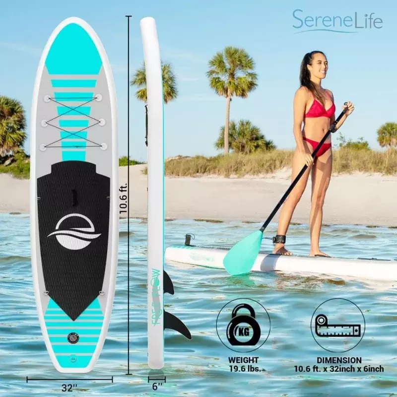 SereneLife Inflatable Stand Up Paddle Board (6 Inches Thick) with Premium SUP Accessories & Carry Bag | Wide Stance, Bottom