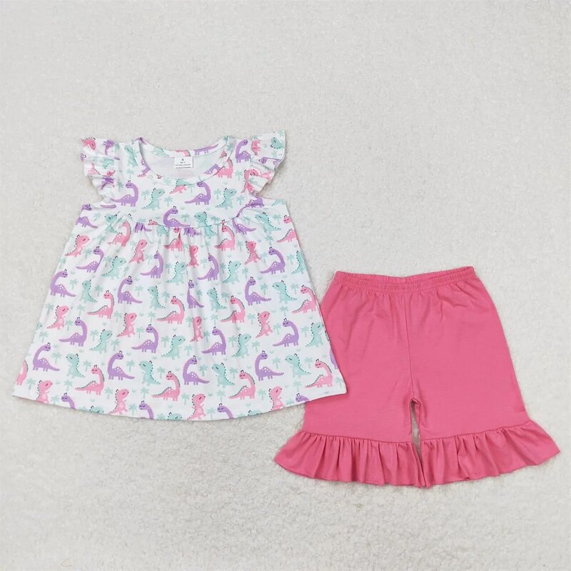 Tops de túnica de mangas curtas infantis, shorts de algodão rosa, conjuntos de bebês meninas, roupas infantis de verão, dinossauros infantis, atacado