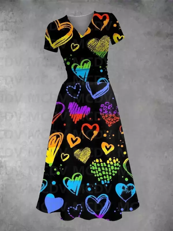 فستان نسائي متوسط الطول بطباعة ملونة عيد الحب ، فساتين مثيرة برقبة على شكل حرف V ، طباعة ثلاثية الأبعاد ، أنثى ، عيد الحب