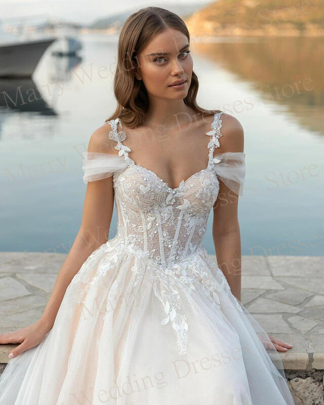 Neue arabische luxuriöse exquisite Brautkleider eine Linie Spitze Applikationen Brautkleider träger los ärmel los mit Perlen Robe de Mariée