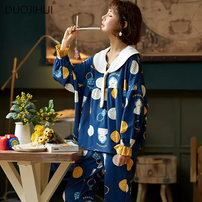 Duojihui Sweet Print Tweedelige Eenvoudige Vrouwelijke Nachtkleding Herfst Chique Lange Mouw Pullover Losse Broek Casual Thuis Pyjama Voor Dames