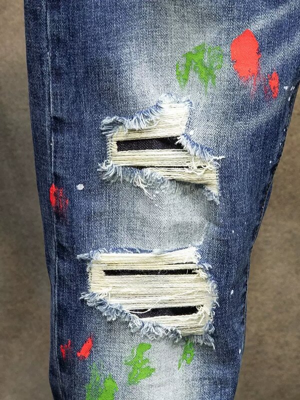 Pantalones vaqueros elásticos Retro para Hombre, Jeans rasgados con agujeros, diseño pintado, Hip Hop, moda urbana, azul