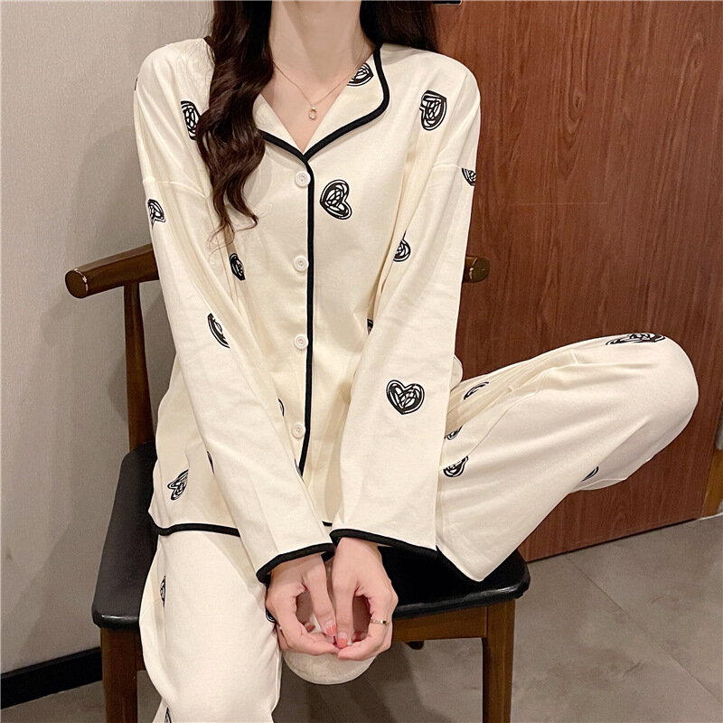 Women's 2 Pieces Pajamas Set 100% Cotton Pyjama Flower Pijama Women Homewear Soft Sleepwear Long Sleeve Lapel Shirt Pants Suit