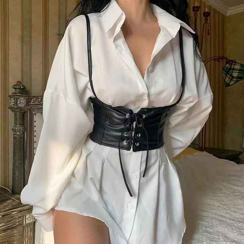 Gilet en cuir avec ceinture élastique pour femme, décoration de chemise à la mode