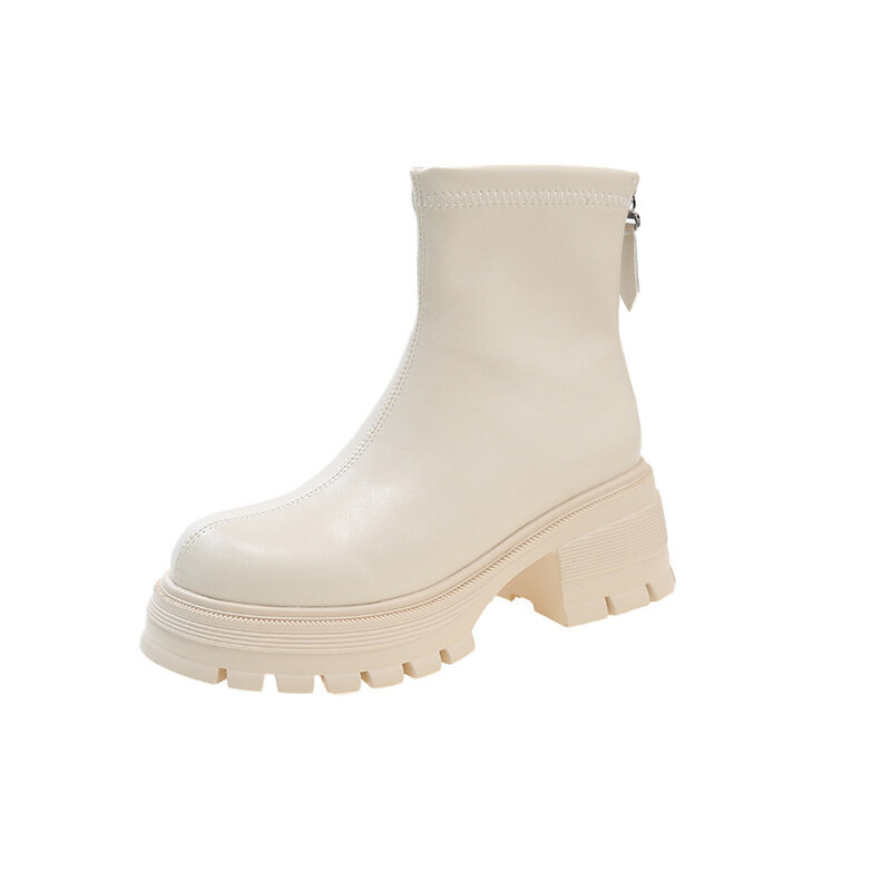 Rock-Botas de cuero con cremallera para mujer, calzado con punta redonda, de diseñador de lujo, de goma, tacón alto, Otoño, 2023