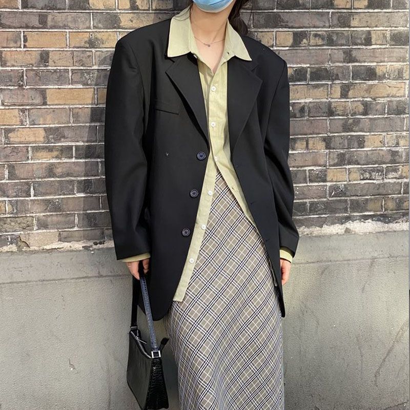 Chaqueta de lujo para mujer, traje negro y gris, chaqueta de un solo pecho, abrigo suelto de manga larga, elegante coreano, ropa de primavera y otoño, nuevo