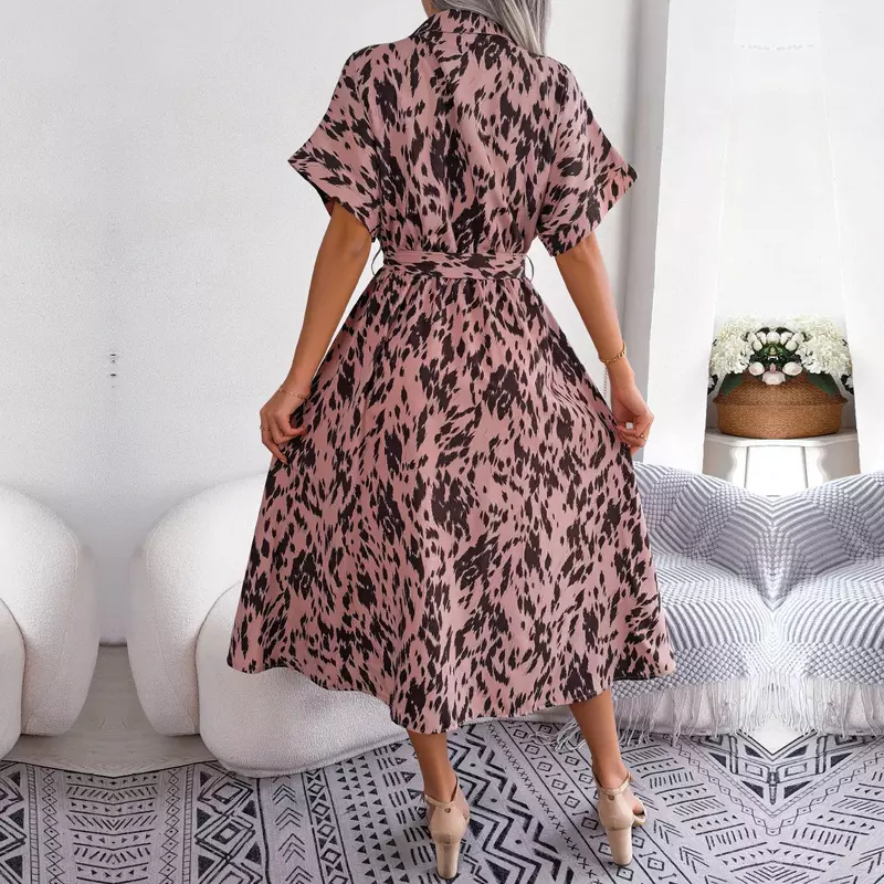 فستان نسائي غير رسمي بطبعة جلد الفهد ، طية صدر ، طول منتصف الساق ، دانتيل ، أكمام قصيرة ، فضفاض ، موضة صيفية