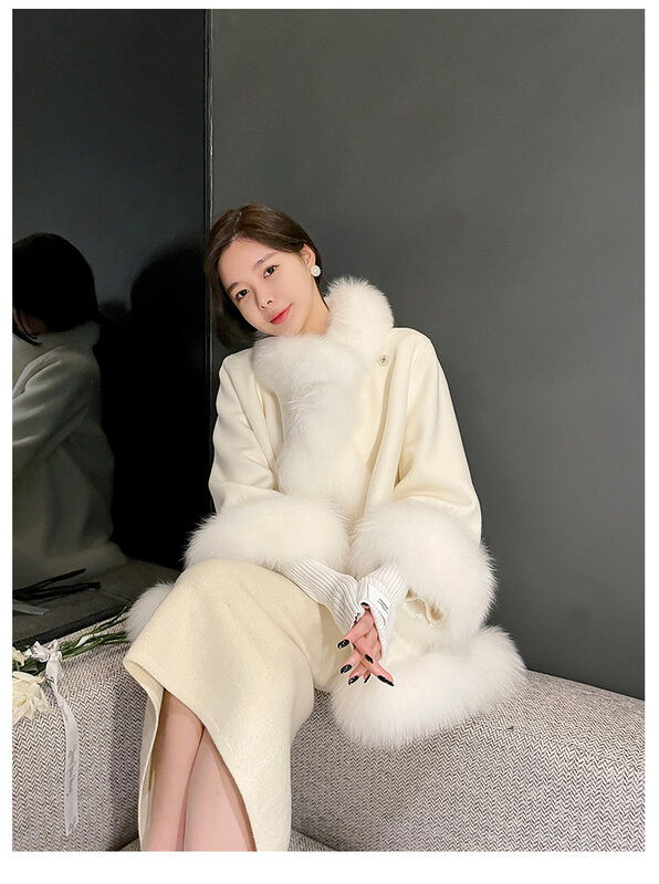 Casaco de caxemira dupla face feminino com gola de pele de raposa real, casaco manga comprida, cardigã de um botão, sobretudo de lã, luxo, inverno
