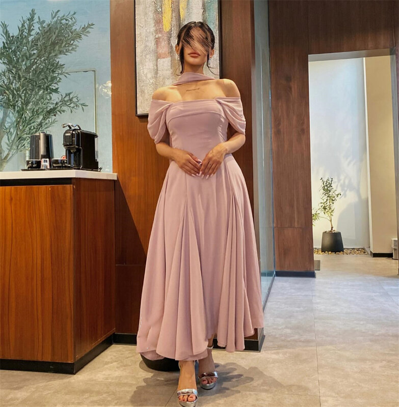 Prom Dress Saudi Arabia Casual Simple Formal Evening Off The Shoulder A-line Draped Ankle-Length Satin Bespoke Occasion Dresses
