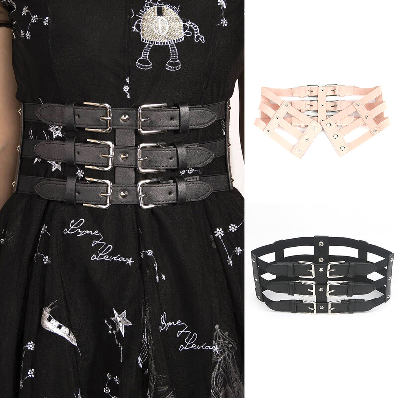 Cinturones elásticos de tres filas para mujer, faja Vintage, corsé de cuero PU, Bustier gótico, negro y rosa, hebilla de Pin plateado