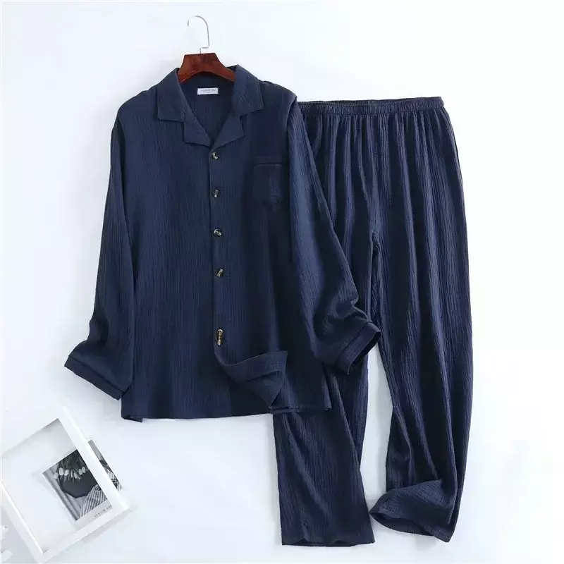 Wear Lounge Color New Men's Texture Collar Mens Solid Home Qualities Water Set Spring Button Products Suit Gauze Pajamas Crepe