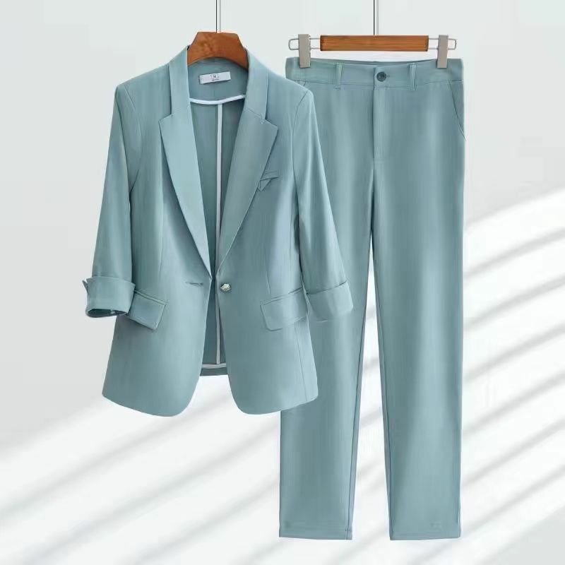 2023 캐주얼 와이드 레그 팬츠 투피스 여성용 정장, 안감 없는 얇은 재킷, 우아한 오피스 의상, 여름 신상
