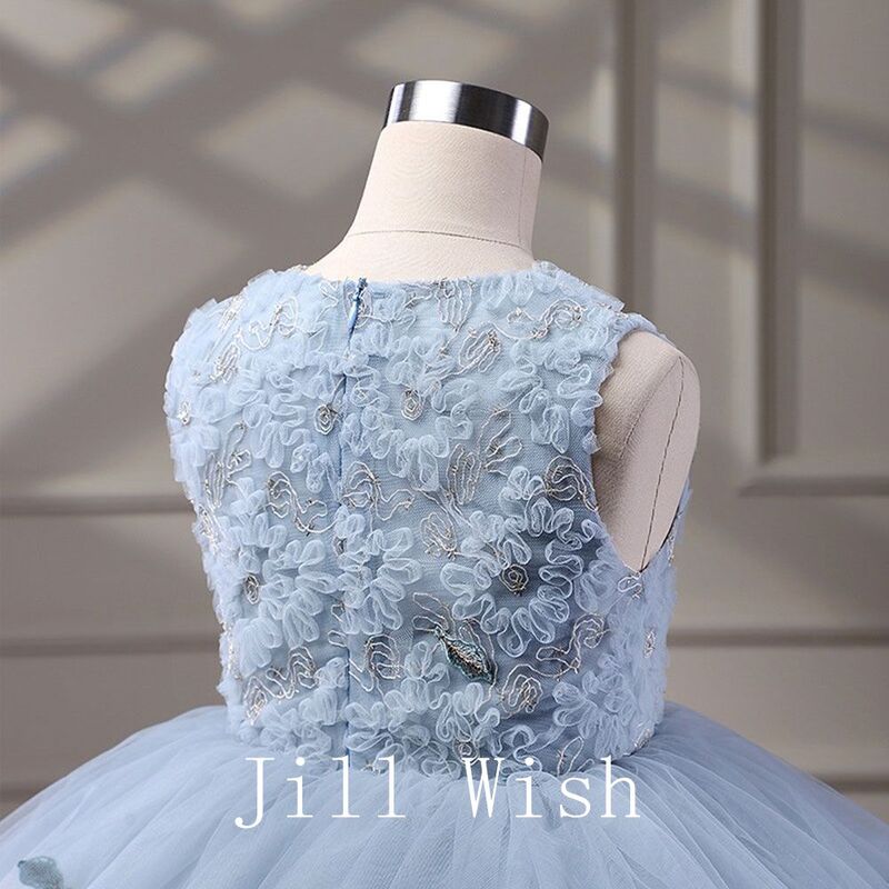 Jill Wens Elegante Dubai Hemelsblauwe Meisjesjurk Appliqueert Prinses Baby Kids Trouwfeest Prom Jurk Heilige Communie J236