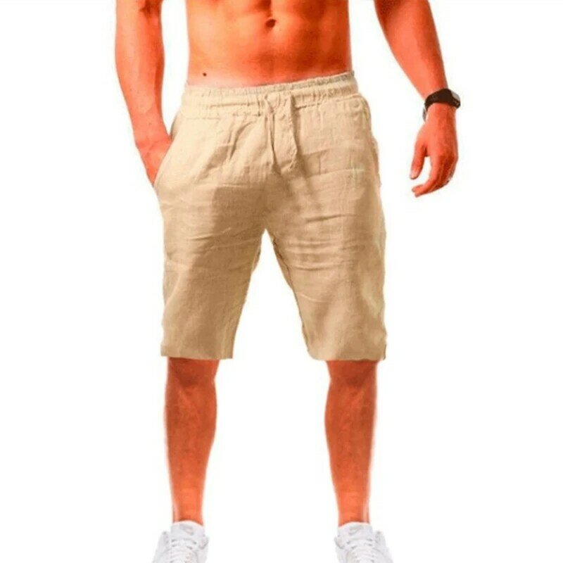 Pantalones cortos deportivos para hombre, de Color sólido Shorts de algodón y lino, cómodos, transpirables, de cinco puntos, para correr y playa, novedad de verano