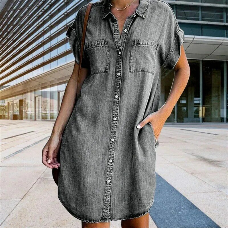 Women Denim Shirt Dresses Short Sleeve Distressed Jean Dress Button Down Casual Tunic Top REFR1989