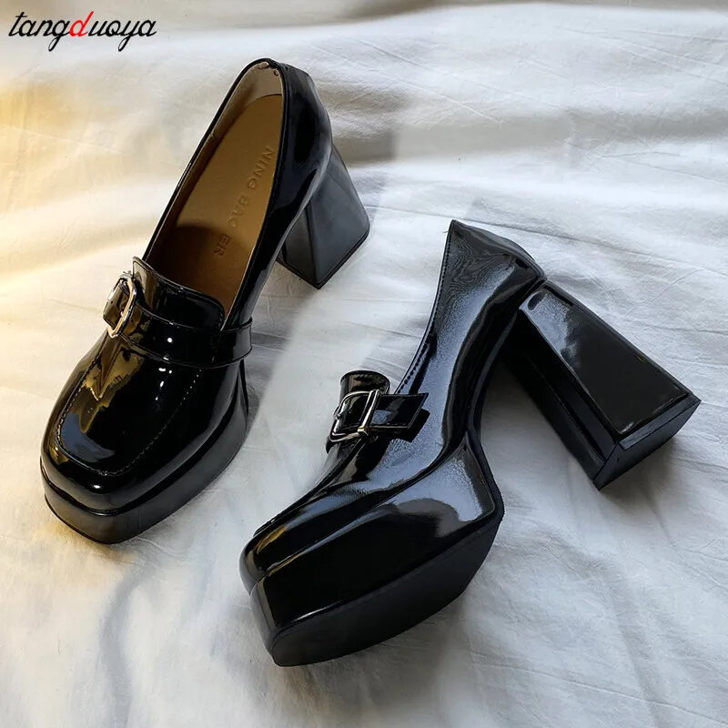 Лоферы из искусственной кожи, женские туфли на массивном каблуке, высокие каблуки в стиле Лолиты, 2024, готическая Черная модель, униформа Jk в стиле преппи